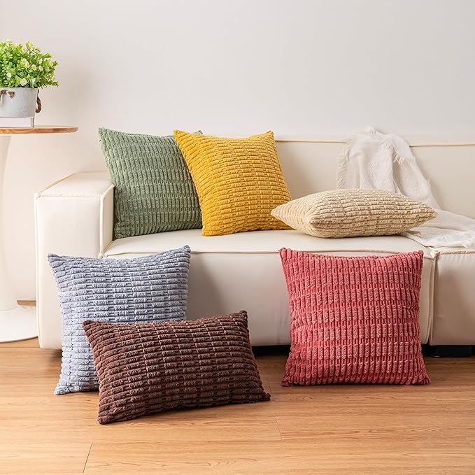 Pack of 2 Corduroy Decorative Throw Pillow Covers 12x20 Inch Soft Striped Pillow Covers Modern Farmhouse Home Decor for Sofa Living Room Couch Bed(White)