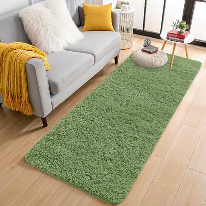 OLANLY 2x4 Machine Washable Runner Rugs for Hallway, Soft Fluffy Shaggy Bedside Rugs for Bedroom, Living Room, Indoor Floor Carpet for Kids Girls and Boys, Home Decor Aesthetic, Green