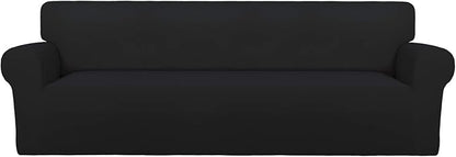PureFit Super Stretch 4 Seater Sofa Slipcover – Spandex Non Slip Soft Couch Sofa Cover, Washable Furniture Protector with Non Skid Foam and Elastic Bottom for Kids, Pets （XX Large, Black）