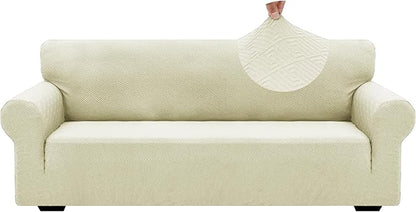 ZNSAYOTX 1 Piece Jacquard Couch Covers for 3 Cushion Couch Living Room High Stretch Sofa Cover Pets Dogs Friendly Anti Slip Thickened Slipcovers Furniture Protector (Large,New Pattern Light Beige)