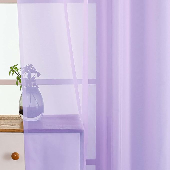 Window Sheer Curtains 45 Inches Length, Voile Short Curtains for Living Room Bedroom, Modern Soft Window Drapes 2 Panels Set, Top Dual Rod Pocket Design, Lavender, 2x42Wx45L Inches