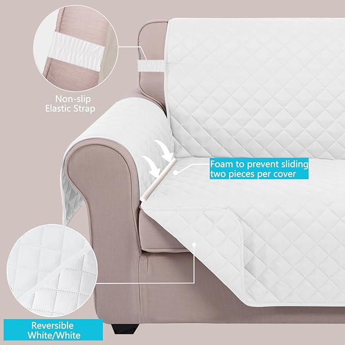 U-NICE HOME Loveseat Sofa Cover Reversible Couch Covers for 2 Cushion Couch for Dogs Furniture Protector Cover with Elastic Straps Water Resistant(Loveseat Small, White/White)