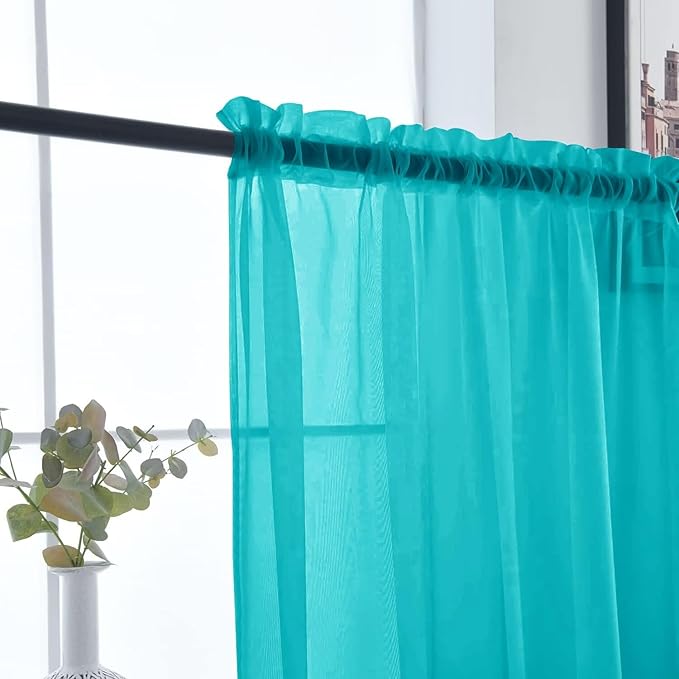 SpaceDresser Sheer Voile Window Treatment Rod Pocket Curtain Panels for Kitchen Bedroom Living Room Drapes Sunlight Filtering Privacy Semi Home Decor Assorted (Peacock Blue, 52 W x 45 L)