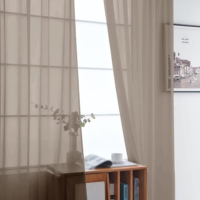 SpaceDresser Basic Rod Pocket Sheer Voile Window Curtain Panels Taupe 1 Pair 2 Panels 52 Width 63 Inch Long for Kitchen Bedroom Children Living Room Yard（Taupe, 52W x 63L）