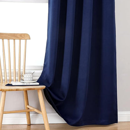 ChrisDowa 100% Blackout Curtains 63 inch Long for Bedroom with Black Liner, Extra Wide 2 Thick Layers Total Blackout Thermal Insulated Grommet Window Curtains 2 Panels Set (Navy Blue, 60 x 63 Inch)