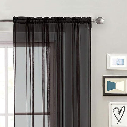 SpaceDresser Sheer Voile Window Treatment Rod Pocket Curtain Panels for Kitchen Bedroom Living Room Drapes Sunlight Filtering Privacy Semi Home Decor Assorted (Black, 52 W x 108 L)