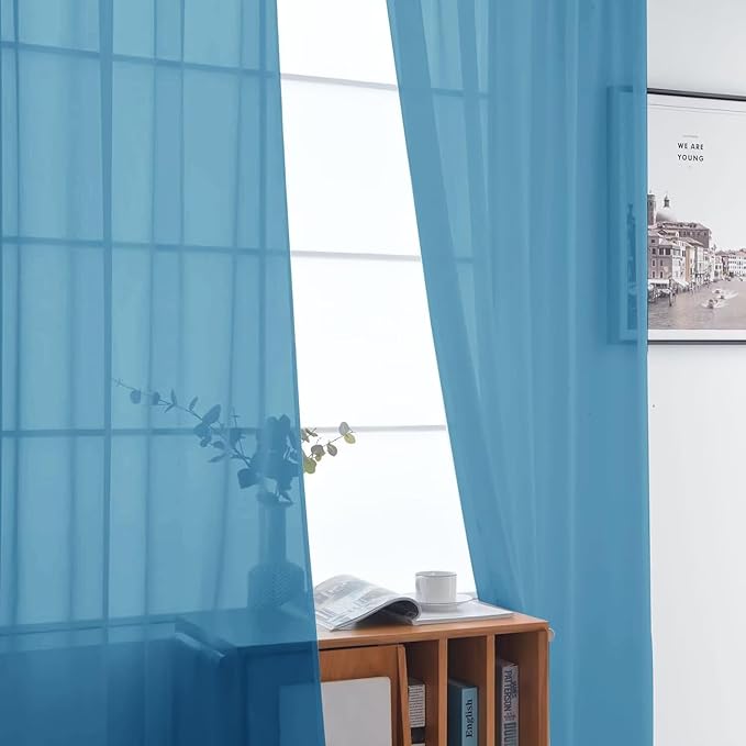SpaceDresser Basic Rod Pocket Sheer Voile Window Curtain Panels Blue 1 Pair 2 Panels 52 Width 90 Inch Long for Kitchen Bedroom Children Living Room Yard（Blue, 52W x 90L）