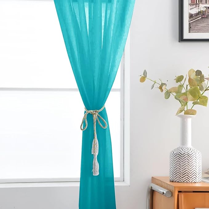 SpaceDresser Sheer Voile Window Treatment Rod Pocket Curtain Panels for Kitchen Bedroom Living Room Drapes Sunlight Filtering Privacy Semi Home Decor Assorted (Peacock Blue, 52 W x 45 L)