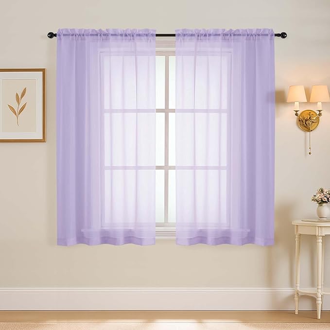 Window Sheer Curtains 45 Inches Length, Voile Short Curtains for Living Room Bedroom, Modern Soft Window Drapes 2 Panels Set, Top Dual Rod Pocket Design, Lavender, 2x42Wx45L Inches