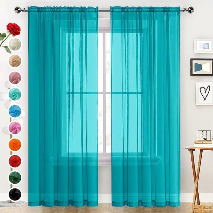 SpaceDresser Sheer Voile Window Treatment Rod Pocket Curtain Panels for Kitchen Bedroom Living Room Drapes Sunlight Filtering Privacy Semi Home Decor Assorted (Peacock Blue, 52 W x 45 L)