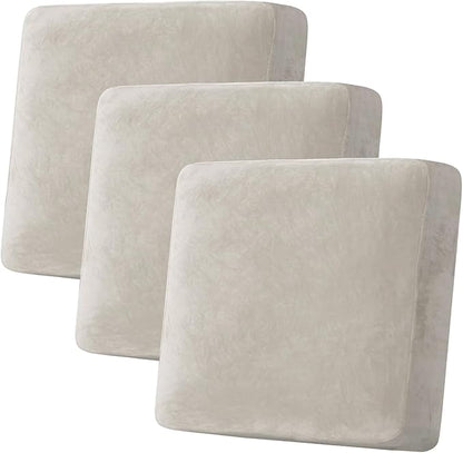 H.VERSAILTEX Velvet Stretch Couch Cushion Cover Plush Cushion Slipcover for Chair Loveseat Sofa Cushion Furniture Protector Seat Cushion Sofa Cover (3 Piece XL Sofa Cushion Covers, Oatmeal)