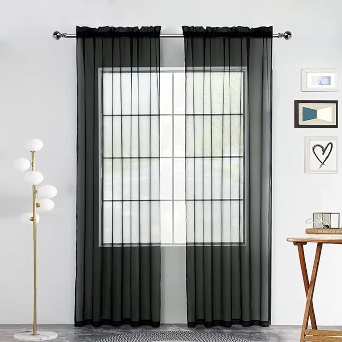 SpaceDresser Sheer Voile Window Treatment Rod Pocket Curtain Panels for Kitchen Bedroom Living Room Drapes Sunlight Filtering Privacy Semi Home Decor Assorted (Black, 52 W x 108 L)