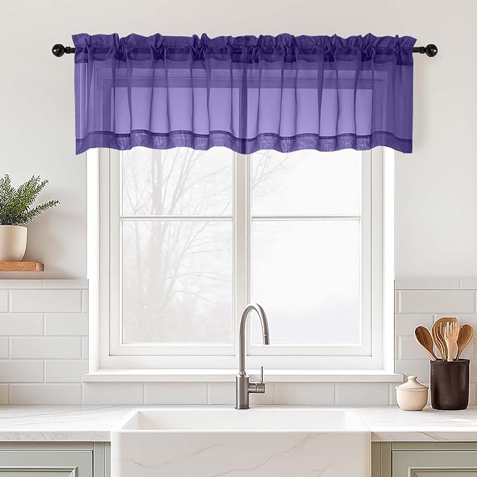 Purple Valances for Windows 14 inch Length 2 Panels Set, Small Voile Sheer Curtains for Bathroom, Soft Fabric Lightweight Light Filtering Kitchen Curtains, Dual Rod Pocket, 2x42Wx14L Inches