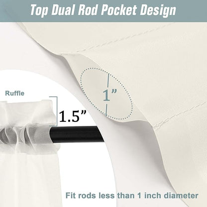 Ivory Small Sheer Curtains Tier 24 Inches Length 2 Pieces, Light Filtering Cafe Curtains Sheers for Living Room Bathroom, Modern Window Treatments Dual Rod Pocket Panels, 2X42Wx24L Inches