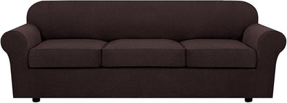 H.VERSAILTEX 4 Piece Stretch Sofa Covers for 3 Cushion Couch Covers for Living Room Furniture Slipcovers (Base Cover Plus 3 Seat Cushion Covers) Upgraded Thicker Jacquard Fabric (XL Sofa, Chocolate)