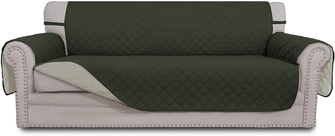 Easy-Going 4 Seater Sofa Slipcover Reversible Sofa Cover Water Resistant Couch Cover with Foam Sticks Elastic Straps Furniture Protector for Pets Children Dog Cat (XX-Large, Army Green/Beige)