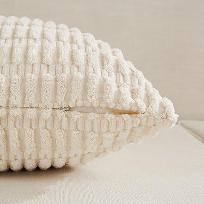 Fancy Homi 4 Packs Neutral Euro Decorative Throw Pillow Covers 28x28 Inch for Couch Bed Sofa, Rustic Farmhouse Boho Home Decor, Soft Plush Striped Corduroy Square Cushion Case 71x71 cm