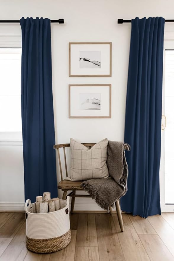 100% Blackout Shield Linen Blackout Curtains for Bedroom 96 Inches Long, Back Tab/Rod Pocket Living Room Drapes, Thermal Insulated Blackout Curtains 2 Panels Set, 50" W x 96" L, Midnight Blue