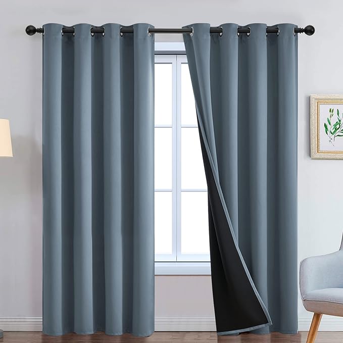 Yakamok 100% Blackout Lined Panels, Room Darkening Thermal Insulated Blackout Curtains for Bedroom, Heat Blocking Drapes for Living Room(52Wx90L, Stone Blue, 2 Panels)