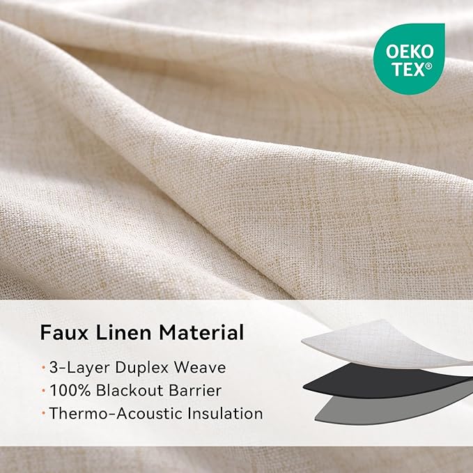 100% Blackout Shield Linen Blackout Curtains for Bedroom, Oatmeal Grommet Curtains for Living Room, Thermal Insulated Room Darkening Drapes for Nursery, Boho Home Decor, 50" W x 72" L, 2 Panels