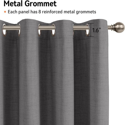 100% Blackout Shield Linen Blackout Curtains for Bedroom, Dark Gray Grommet Curtains for Living Room, Thermal Insulated Room Darkening Drapes for Nursery, Boho Home Decor, 50" W x 72" L, 2 Panels