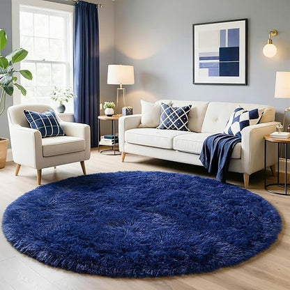 Navy Blue Round Rug 7Ft for Living Room Bedroom, Large Fluffy Fuzzy Circle Area Rugs for Teen Boys Baby Kids, Cute Shaggy Plush Floor Royal Dark Blue Carpet for Dorm Nursery Playroom Decor Aesthetic