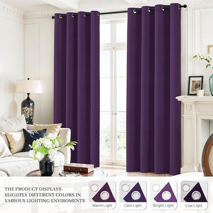 Yakamok Room Darkening 100% Blackout Curtains Grommet Window Treatments with 2 Thick Layers-Purple Thermal Insulated Drapes Set of 2 Panels for Bedroom Living Room 52 Inches by 96 Inches Length