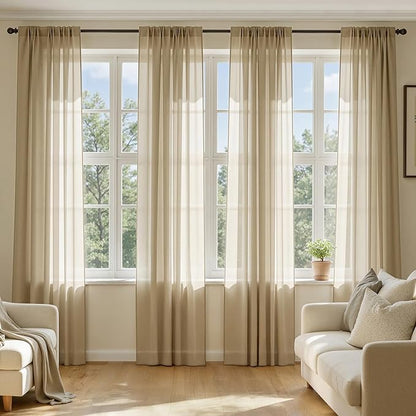 MIULEE Beige Sheer Curtains 108 Inches Long, 4 Panels Set, Rod Pocket Voile Drapes Light Filtering and Semi Transparent, Elegant Window Treatments for Bedroom Living Room,42 x 108 Inches