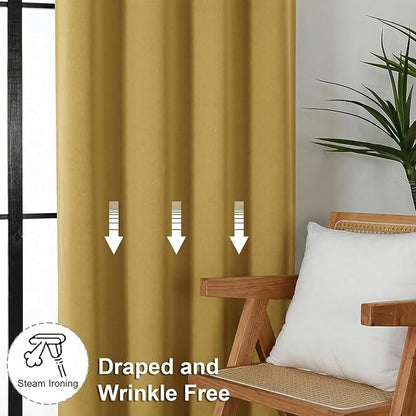 Simplebrand Blackout Extra 10ft Curtains for Patio 120 Inches Long 2 Panels Set, Solid Thermal Insulated Energy Saving Rod Pocket Window Treatment Curtains Blackout Drapes, 50" Wx120 L, Bright Gold