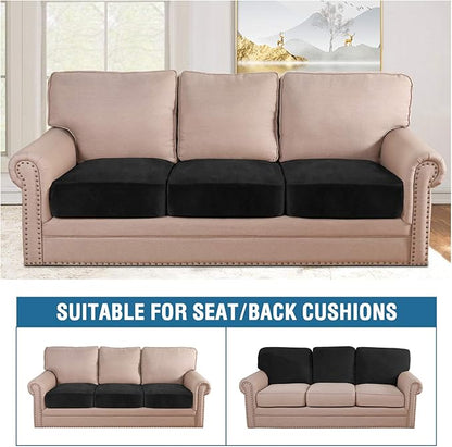 H.VERSAILTEX Velvet Stretch Couch Cushion Cover Plush Cushion Slipcover for Chair Loveseat Sofa Cushion Furniture Protector Seat Cushion Sofa Cover (3 Piece Sofa Cushion Covers, Black)