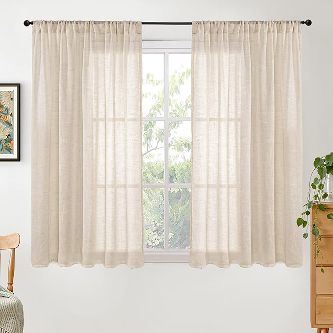 BGment Natural Linen Curtains 48 Inch Length for Windows, Short Semi Sheer Drapes Light Filtering for Cafe Bathroom Decor Rustic Lightweight Rod Pocket, 2 Panels Set, 42 Inch Wide Each Panel