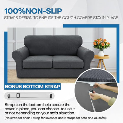 XINEAGE 2026 New 4 Pieces Extra Large Couch Covers for 3 Cushion Sofa Super Stretch Sofa Cover for 3 Large Seat Cushion Universal Slip Cover for Living Room (Dark Gray), 91"-110"(3 Cushions)