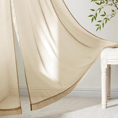 MIULEE Beige Sheer Curtains 96 Inches Long, 4 Panels Set, Rod Pocket Voile Drapes Light Filtering and Semi Transparent, Elegant Window Treatments for Bedroom Living Room,42 x 96 Inches