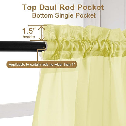 Chyhomenyc Sheer Curtains 54 Inch Long 2 Panels Set, Light Filtering Short Soft Airy Short Cafe Curtains, Modern Rod Pocket for Dinning Living Room Bedroom, Each 42Wx54L in, 2PCS, Lemon