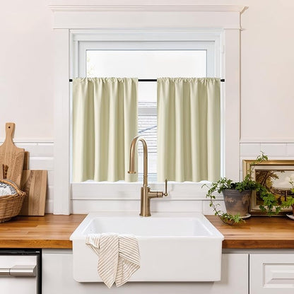 RYB HOME 100% Blackout Bathroom Curtains Over Sink 24 inches Long, Heat & UV Blocking Total Room Darkening Noise Reducing Curtains for Basement RV Campers, Beige, 2 Panels Set