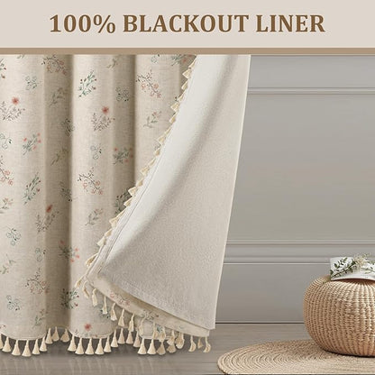 Boho Floral 100% Blackout Curtains 72 Inch Length 2 Panels Set, Linen Texture Farmhouse Curtains Beige Tassel for Living Room Bedroom Vintage Rustic Patterned Printed Western Rod Pocket