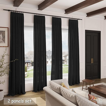 Black Semi Sheer Linen Curtains 72 inch Length for Living Room Back Tab Rod Pocket Modern Long Skinny Curtains Dividing Closet Decor Cotton Textured Gauze Curtain for Laundry Bedroom Office 38x72
