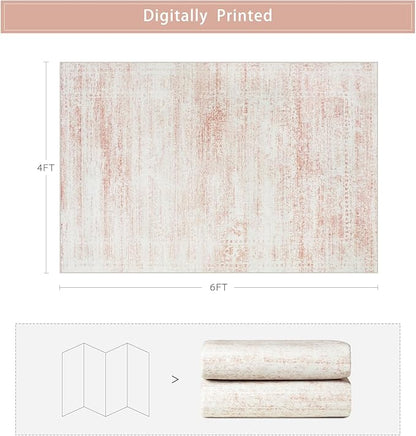 Washable Rugs 4x6 Area Rugs for Living Room,Bedroom,Kids Room,Nursery- Soft Faux Wool Small Carpets,Non Slip&Non-Shedding Low Pile Vintage Print Rugs for Enterway,Home Office Decor-Pink White