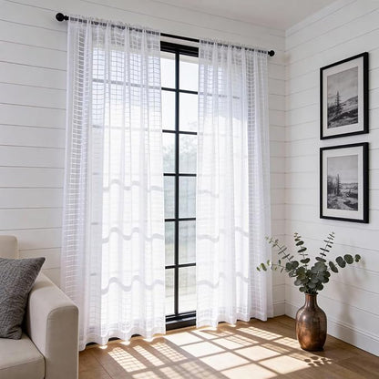 SpaceDresser Check Sheer Curtains 96 Inches Long for Living Room, Rod Pocket Plaid Semi Sheer Drapes for Kitchen Bedroom（White, 52W x 96L）