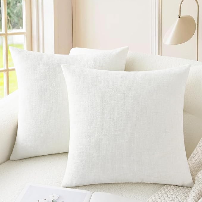 CaliTime Throw Pillow Covers Decorative 24 X 24 Inches Pack of 2 Cozy Chenille Cushion Cases for Couch Sofa Bed Living Room Home True White
