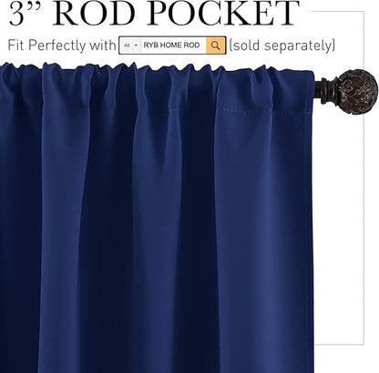 RYB HOME Short Blackout Curtains for Bedroom, Room Darkening Insulated Summer Heat Light UV Blocking Energy Saving Drapes for Nursery, Width 34 by Length 45, Marine Blue, Set of 2