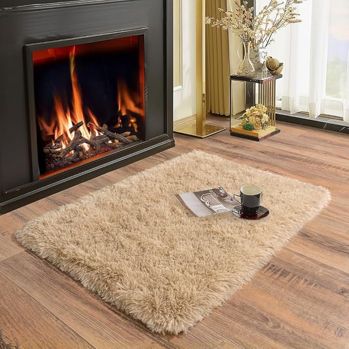Soft Runner Rugs for Bedroom Hallways, 2x3 Beige Fluffy Shag Throw Area Rug for Bedside Dorm, Long Shaggy Furry Carpet for Nursery Living Room New Upgraded Non-Slip Bottom