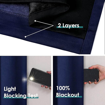 ChrisDowa 100% Blackout Curtains 63 inch Long for Bedroom with Black Liner, Extra Wide 2 Thick Layers Total Blackout Thermal Insulated Grommet Window Curtains 2 Panels Set (Navy Blue, 60 x 63 Inch)