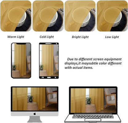 Chyhomenyc Gold Sheer Curtains 45 Inch Long 2 Panels, Short Voile Drapes for Dinning Small Windows Bathroom Living Room Bedroom, Rod Pocket, 42Wx45L Inches