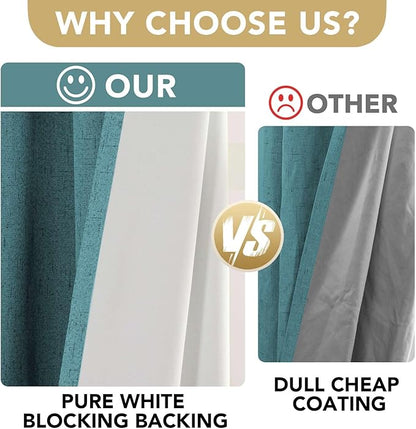 H.VERSAILTEX Primitive Linen Curtains 100% Blackout Curtain Drapes Burlap Fabric Curtains with White Thermal Insulated Liner, Grommet Top Drapes Living Room/Bedroom (2 Panels, 42 x 84 Inch, Teal)