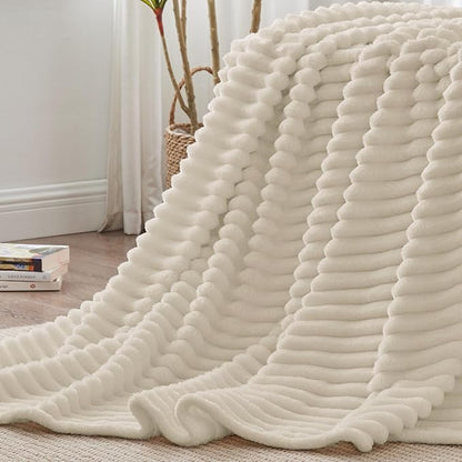 BEDELITE Full Size Blanket for Bed, 300GSM Soft & Warm Fleece Beige Blanket, Decorative and Giftable Striped Blankets for Women, Men, 84"x90"