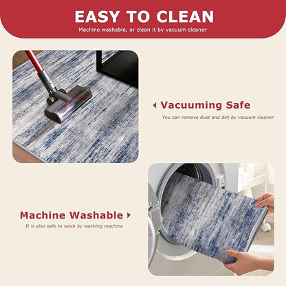 KOZYFLY Modern Abstract Washable Rug Runner 2x5 Hallway Rug Runner Non-Slip Soft Kitchen Runner Rugs, Grey-Blue Striped Carpet for Entryway Bathroom Laundry Room Foyer