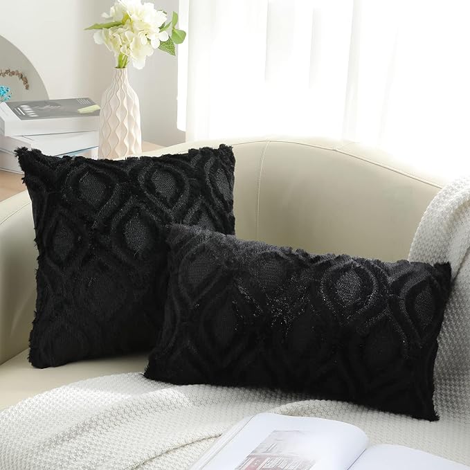 decorUhome Throw Pillow Covers 16x16 Inch Set of 2, Soft Plush Faux Wool Black Solid Couch Pillow Covers, Accent Farmhouse Neutral Square Pillow Cases for Sofa Bed Living Room