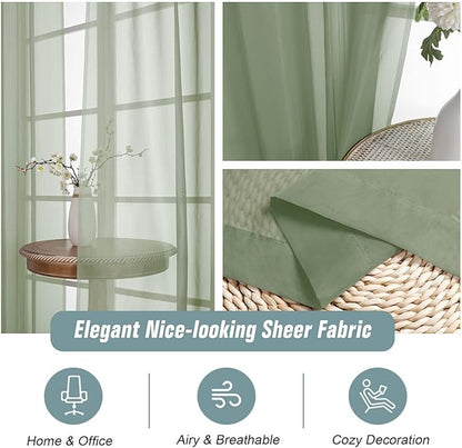 Sage Green Sheer Curtains 90 Inches Long 2 Panels, Light Filtering Solid Sheer Curtains for Bedroom Living Room, Lightweight Soft Airy Voile Sheer Drapes, Dual Rod Pocket, 2x42Wx90L Inches