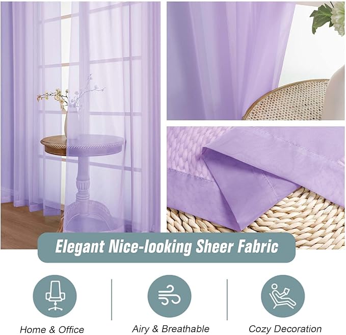 Window Sheer Curtains 45 Inches Length, Voile Short Curtains for Living Room Bedroom, Modern Soft Window Drapes 2 Panels Set, Top Dual Rod Pocket Design, Lavender, 2x42Wx45L Inches